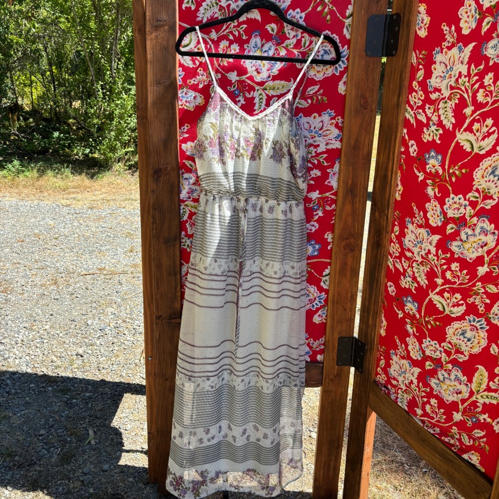 Cream Floral Boho Cottage Prairie Maxi Sun Dress Women's Size M - Picture 11 of 15